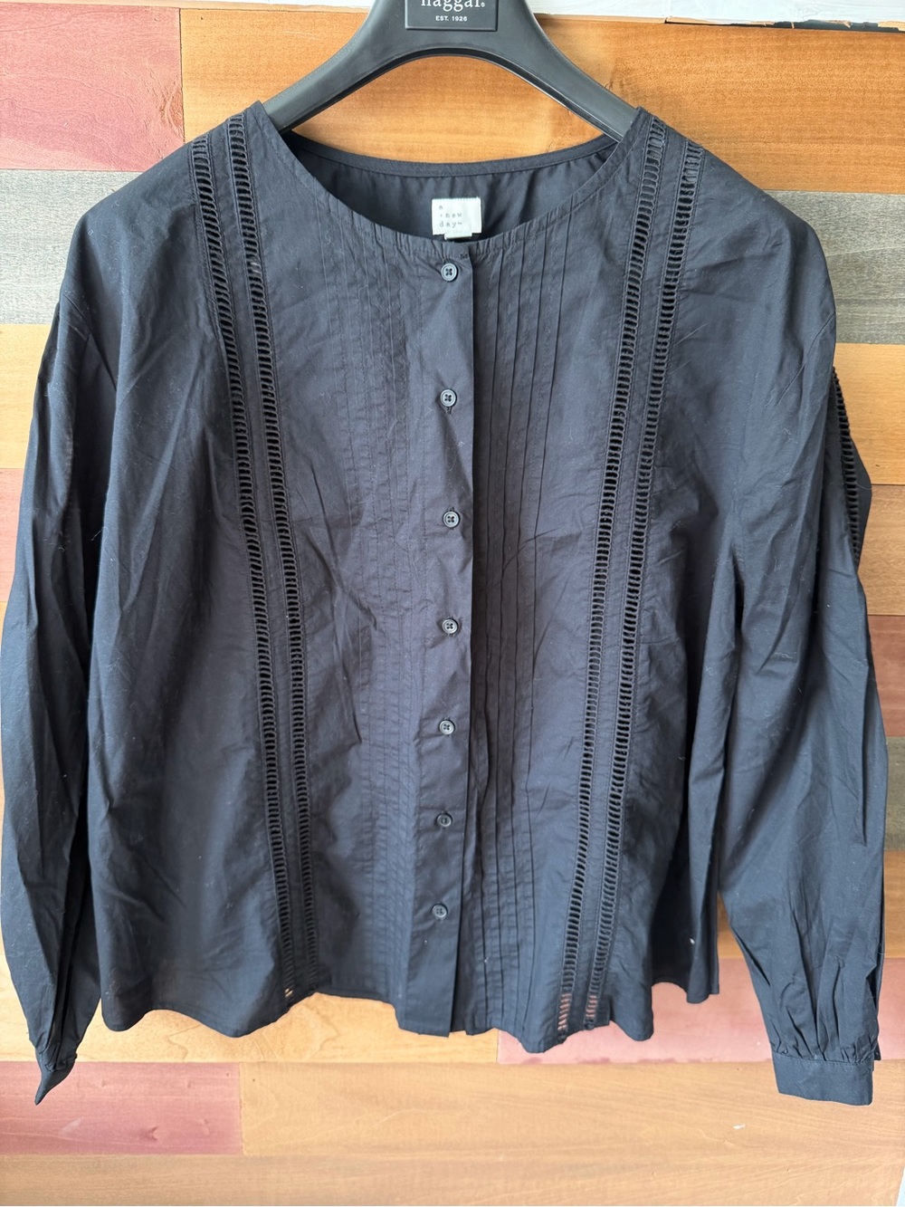A New Day Black Pintuck Ladder Trim Blouse NWT L